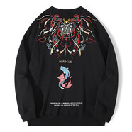 PLAY FOG 衛(wèi)衣男女醒獅刺繡秋冬純棉圓領(lǐng)oversize寬松潮流情侶衛(wèi)衣外套 9535鯉魚黑色 XL碼（建議155-180斤)