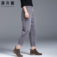 凌丹娜條絨褲子女2025新款哈倫褲秋冬休閑九分燈芯絨女褲加絨蘿卜褲 灰色 30