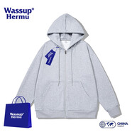 WASSUP HERMU官方潮流連帽衛(wèi)衣男春秋季運動休閑情侶套裝大碼外套潮牌長袖開衫 淺灰色 M（建議90-110斤）