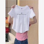 妃麗慕尚（FEILIMUSHANG）時尚蕾絲拼接正肩灰色短袖T恤女夏季高級感褶皺收腰修身顯瘦上衣 821-146白色 L 建議110斤以內