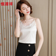 恒源祥100%桑蠶絲內搭吊帶小背心女士蕾絲花邊小衫2024新款真絲打底上衣 白色 L