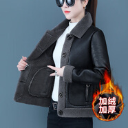 NY-EMMA  皮衣女短外套春秋冬新款機(jī)車毛領(lǐng)加絨加厚皮毛一體皮夾克上衣潮 黑色 L(建議90-105斤)