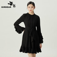 哥弟（GIRDEAR）女裝輕奢不規(guī)則花邊袖垂感小黑裙輕禮服連衣裙1500504 黑 S (2碼)