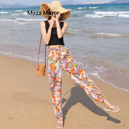 Mirza Mirror沙灘褲女燈籠褲夏季冰絲薄款束口長(cháng)花褲闊腿大人棉綢防蚊褲子 棉綢料1608腰果花桔色 XL