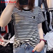 LOVER RUCCI純棉紅白條紋t恤女短袖夏季2025年新款簡(jiǎn)約顯瘦網(wǎng)紅上衣韓版體恤 8687-53黑條紋 2XL 適合125-140斤
