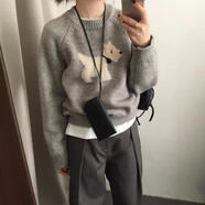 DXOT2025慵懶休閑風(fēng)提花套頭卡通小狗毛衣女秋冬韓國(guó)寬松針織衫灰 灰色 L 建議115-125斤