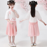 馬櫻紅雨 六一女童漢服中國風唐裝裙子小女孩民國風旗袍裙兒童古裝夏洋氣 粉色套裝【+發(fā)卡】 100 /建議身高90厘米左右