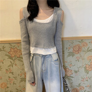 Radinka2025春秋新款短款女T恤設計感假兩件修身辣妹網(wǎng)紅學(xué)生打底衫BLL 小眾露肩灰色 均碼 建議70-120斤