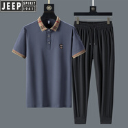 吉普（JEEP）翻領(lǐng)短袖套裝男夏季T恤純棉POLO保羅衫冰絲長褲休閑運(yùn)動(dòng)一套衣服 灰色 L