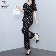 啄木鳥(niǎo)2025夏季新款媽媽棉綢套裝女士外穿時(shí)尚洋氣花布短袖人造棉兩件套 小白點(diǎn)套裝 M 建議80-90斤