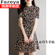 彩羊（Fazeya）2023夏季新款小個(gè)子雪紡改良旗袍薄款中長(zhǎng)款連衣裙碎花收腰裙子女 黑色 XL 120-135斤