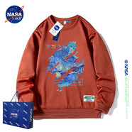 NASA LIKE官方潮牌衛(wèi)衣男春秋季潮流印花圓領長袖t恤男士落肩袖上衣打底衫 磚紅 XL（建議110-125斤）