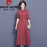 皮爾卡丹（pierre cardin）2025春秋新款碎花連衣裙長(cháng)袖女高貴氣質(zhì)秋春媽I媽長(cháng)裙子針織 紅色 L(建議100-110斤)