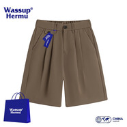 WASSUP HERMU短褲男夏季潮流舒適小西褲寬松百搭五分褲透氣紐扣外穿男士中褲 咖啡色 XL （建議130-150斤）