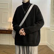NEW OR MODE加絨高領(lǐng)毛衣男士秋冬季純色寬松美式潮流加厚針織衫休閑線衣外套 黑色 XL