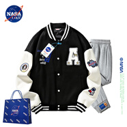 NASA LIKE官方外套春秋季美式毛巾繡棒球服男女情侶撞色拼接飛行員男士夾克 黑色+1535灰色 XL （建議120-130斤）