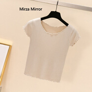 Mirza Mirror夏季短袖冰絲針織T恤女修身顯瘦木耳邊高腰短款露肚臍鎖骨上衣薄 杏色 S