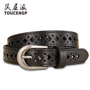 TOUCENGP頭層派皮帶女真皮頭層純牛皮夏季時(shí)尚百搭免打孔腰帶女細窄款裝飾 黑色帶身寬2.4cm 110cm 體重125-135/褲碼32-33