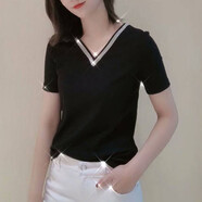 HAAPES女裝專(zhuān)柜官方網(wǎng)2025夏季新款百搭修身銀邊釘珠V領(lǐng)短袖T恤女 黑色V領(lǐng)釘珠T(mén)恤 3/M