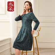 亦朵針織連衣裙女拼接秋冬季印花氣質(zhì)中長(zhǎng)款長(zhǎng)袖裙子 墨綠色 L