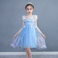 毛毛鴨冰雪奇緣2愛(ài)莎公主裙夏季短袖艾莎裙子時(shí)尚兒童網(wǎng)紗女童愛(ài)沙衣服 藍色短袖+冠棒 110碼（建議身高100-107）