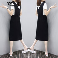 妍莉芬 連衣裙女裝2020夏裝新款中長(cháng)寬松顯瘦兩件套套裝裙時(shí)尚休閑背帶裙韓版時(shí)尚氣質(zhì)裙子 黑白 黑裙+白T M