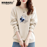 WABAOLI高端品牌 純棉圓領(lǐng)印花套頭長袖衛(wèi)衣女秋冬季款大碼韓版寬松顯瘦 杏色春秋款 XL 建議體重120-130斤