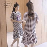 奧蜜雪 睡裙女夏季純棉短袖薄款睡衣裙可愛(ài)少女學(xué)生全棉夏天大碼家居服 20Q-1186 黑白格 L（推薦105斤-120斤）