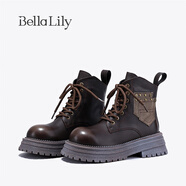 Bella Lily秋季潮流口袋馬丁靴女復(fù)古短筒靴休閑工裝靴子 棕色 35