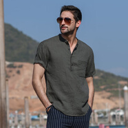 漢絮輕柔透氣短袖亞麻襯衫男士文藝休閑上衣薄款立領(lǐng)麻料襯衣 灰綠色 XL