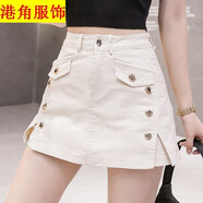 格瑞擇開(kāi)叉排扣設計感牛仔短褲裙女假兩件a字闊腿休閑短褲熱褲褲 杏色 S