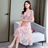 淳咪娜 女裝連衣裙女夏中長(cháng)款新品短袖女修身沙灘裙釘珠氣質(zhì)女裙顯瘦 粉色 L - 建議96-112斤