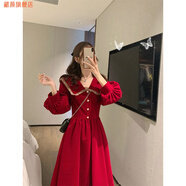藏顏新款名媛法式打底長(cháng)裙紅色新衣服本命圣誕節連衣裙子女秋冬季 9264 %23紅色 L 建議100-110斤