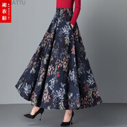 OVMATTU香港潮牌 新品秋季新款2021百搭休閑女民族風(fēng)棉麻長裙復(fù)古半身裙高腰大碼A字裙 藍(lán)底樹葉花 XL