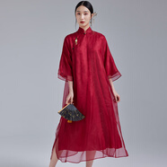 陌遇2025秋季復古中國風(fēng)真絲歐根紗原創(chuàng  )改良旗袍中式連衣裙品牌女裝 紅色（不含云肩） M