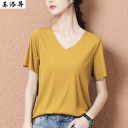 蘇洛尋2025春夏季新款冰絲短袖T恤純色女薄款潮V領(lǐng)體恤韓版寬松上衣 黃色 均碼 建議80-125斤