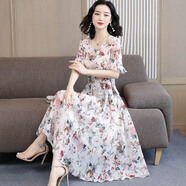 在禮短袖雪紡連衣裙女夏2025新款收腰顯瘦修身氣質(zhì)長(zhǎng)款碎花裙長(zhǎng)裙 白色 2XL