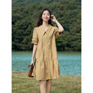 茵曼（INMAN）2026夏女新款田園娃娃裙切爾西領(lǐng)泡泡袖A字連衣裙 深褐色 -18525990 S