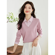 熙世界假兩件針織衫女士2025春季設(shè)計(jì)感長(zhǎng)袖毛衣襯衫領(lǐng)打底衫上衣 藕粉色 M