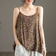 沛阮女士小吊帶夏季復(fù)古印花背心女裝無袖T恤外穿打底內(nèi)搭上衣民族風(fēng) 咖啡色 3XL 建議130-145斤加肥加大碼