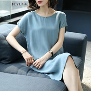 KEYUYAO 春夏款時(shí)尚寬松重磅銅氨絲連衣裙女短袖氣質(zhì)減齡中長(cháng)款裙 藍灰色 M
