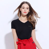 丹寶羅丹寶羅女士T恤成人修身短袖體恤簡(jiǎn)約百搭上衣運動(dòng)上衣 女短袖字母標V領(lǐng)黑色 L