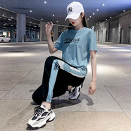 抹茶清歌 運(yùn)動(dòng)套裝女裝夏季圓領(lǐng)短袖T恤長(zhǎng)褲套裝寬松休閑兩件套跑步服套裝 淺藍(lán) L【100-110斤左右】