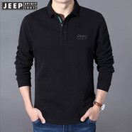 JEEP SPIRIT吉普休閑純棉長(cháng)袖t恤寬松厚款秋季翻領(lǐng)羅紋體恤開(kāi)衩純色繡標上衣 黑色 厚款 2XL (185) /104A建議165-175斤