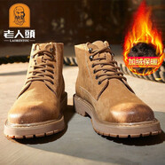 老人頭馬丁靴男冬季高幫鞋英倫風(fēng)耐磨工裝靴中幫大黃靴真皮短靴男靴 高幫加絨款-黃棕色 43