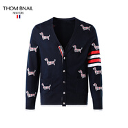 thombnail TB四條紋針織衫春秋季歐美潮流高檔小狗提花男女情侶外套開(kāi)衫 深藍色 L 2碼