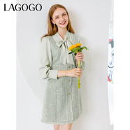 LAGOGO氣質(zhì)小香風(fēng)格子連衣裙女拉谷谷春秋季新款V領(lǐng)蝴蝶結拼接裙 混色(Y0) S 155/36