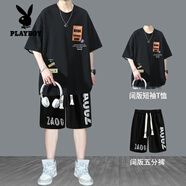 花花公子（PLAYBOY）純棉短袖t恤男青少年夏季套裝男生字母短袖T恤衫半袖新款高中學(xué)生 兩件套【T219黑色+大字母短褲】 5XL適合210-230斤