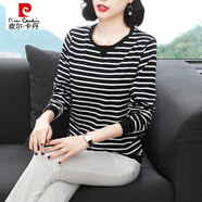 皮爾卡丹（pierre cardin）純.棉長(zhǎng)袖t恤女寬松2025春秋裝新款外穿條紋上衣打底衫 黑白條紋  XL 建議115-125斤