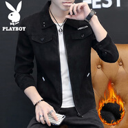 花花公子（PLAYBOY）夾克男春秋2025新款潮流休閑百搭翻領(lǐng)外套男商務(wù)純色修身上衣男裝 黑色 加絨 L